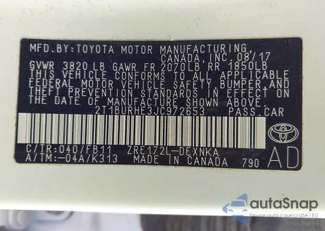 2018 Toyota Corolla Le z USA, uszkodzony, nr VIN 2T1BURHE3JC972653